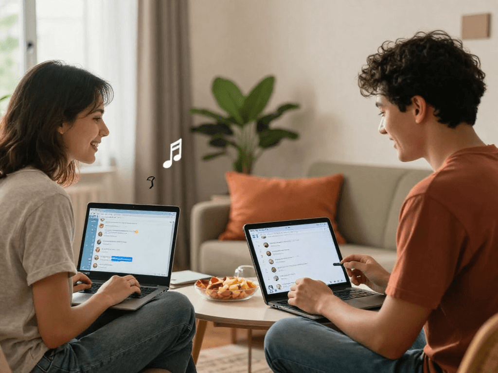 Casual chat between two users in a cozy living room discussing sex chat online.