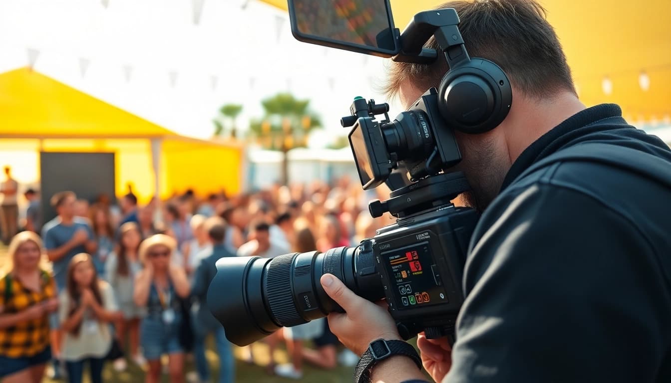 Edmonton videographer capturing joyful moments at a lively outdoor event with vibrant colors.