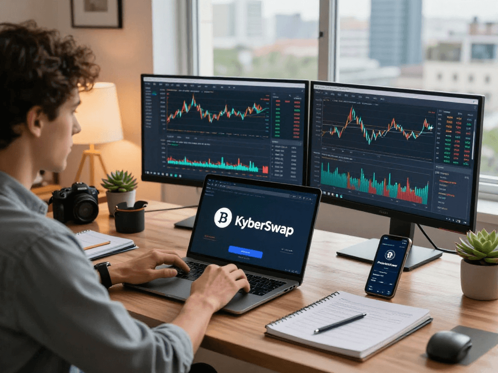 Kyber-swap trading in a stylish home office with live market data and analysis notes.