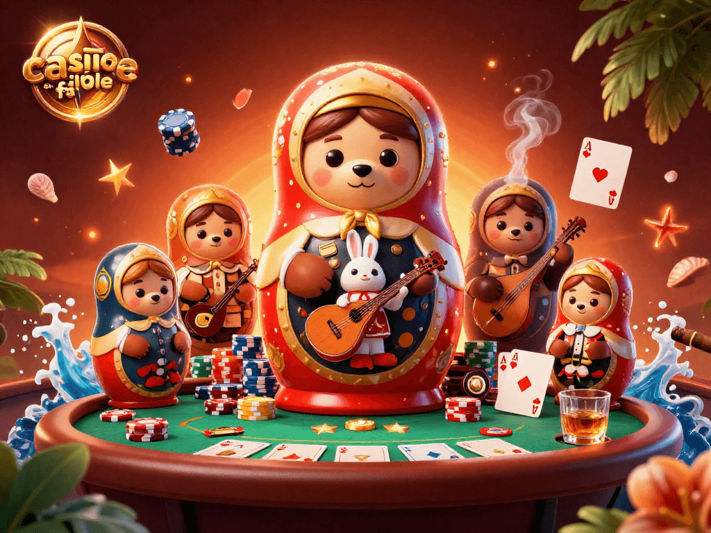 Jouer à casino en ligne fiable avec des ours Matryoshka et des cartes de poker colorées