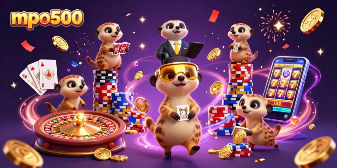 Experience the excitement of mpo500 with meerkats in a vibrant casino scene.