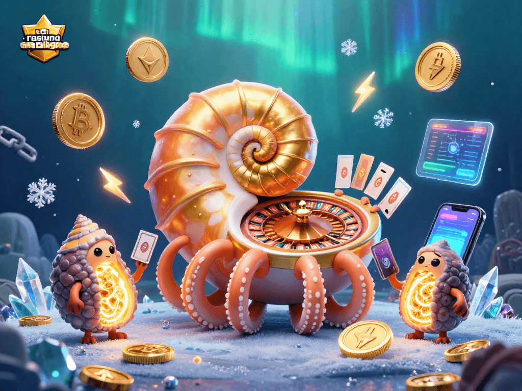 Découvrez le nouveau casino en ligne avec une illustration 3D captivante de jeux et crypto-monnaies.