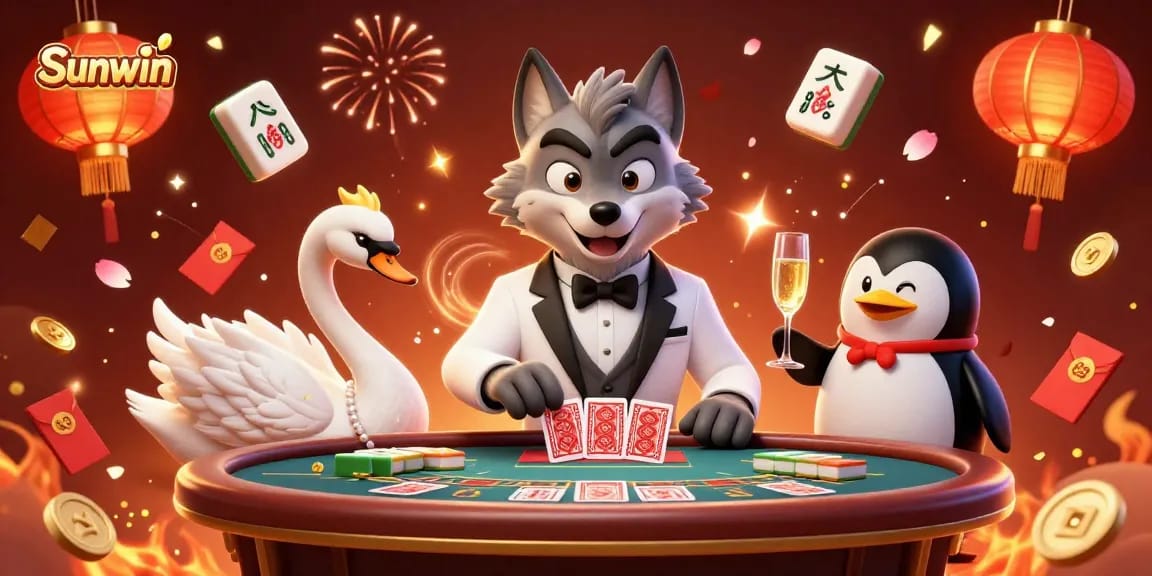 Experience winning moments at Sunwin with a wolf, swan, and penguin at a baccarat table.