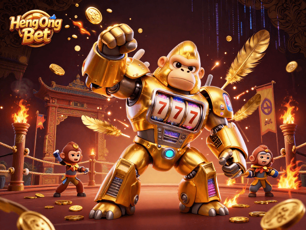 Engage with the dynamic Heng Ong Bet scene featuring an epic golden gorilla mech and vibrant casino elements.
