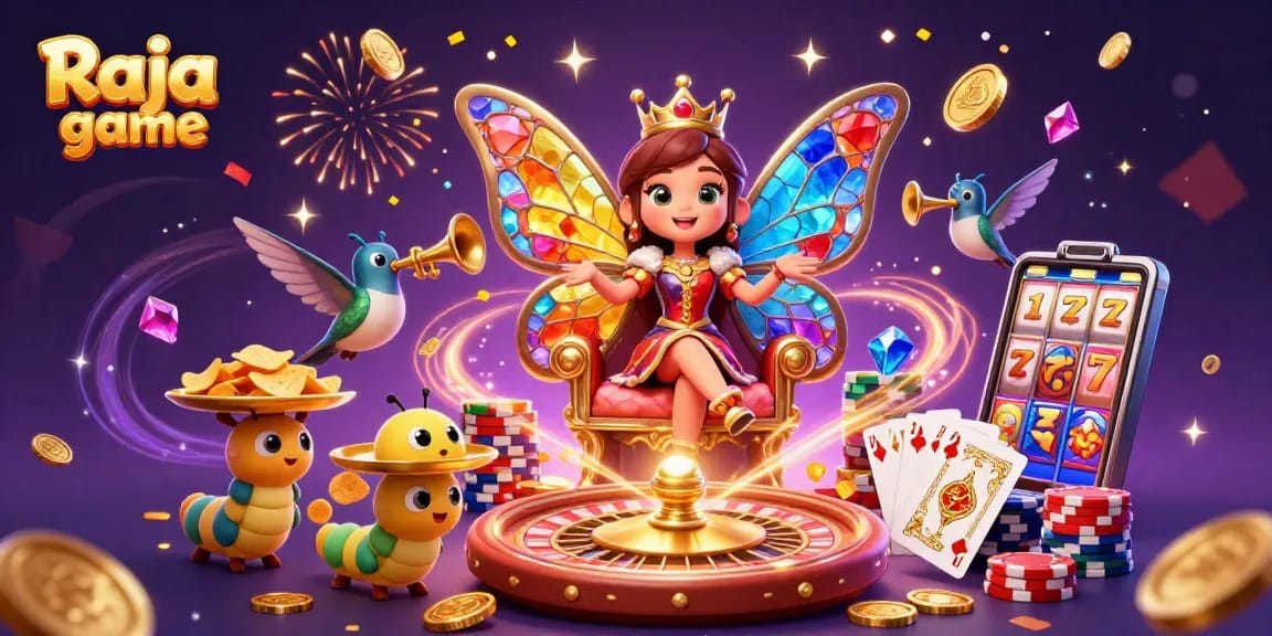 Engage in the exciting Raja game experience with a vibrant 3D illustration featuring casino elements.