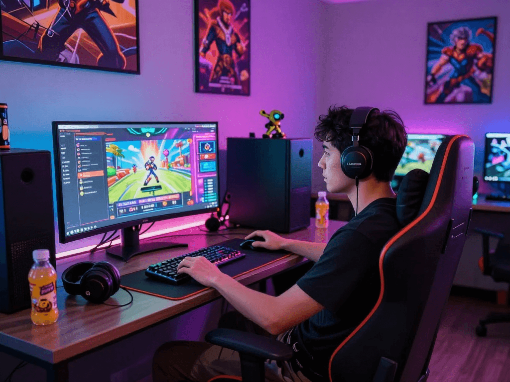 Engaged gamer playing a vibrant porn game in a modern gaming lounge with LED lights.