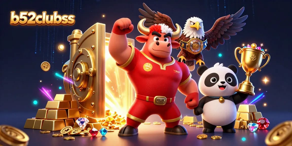 B52clubss features an engaging scene with a bull mascot, eagle, and panda celebrating casino wins.