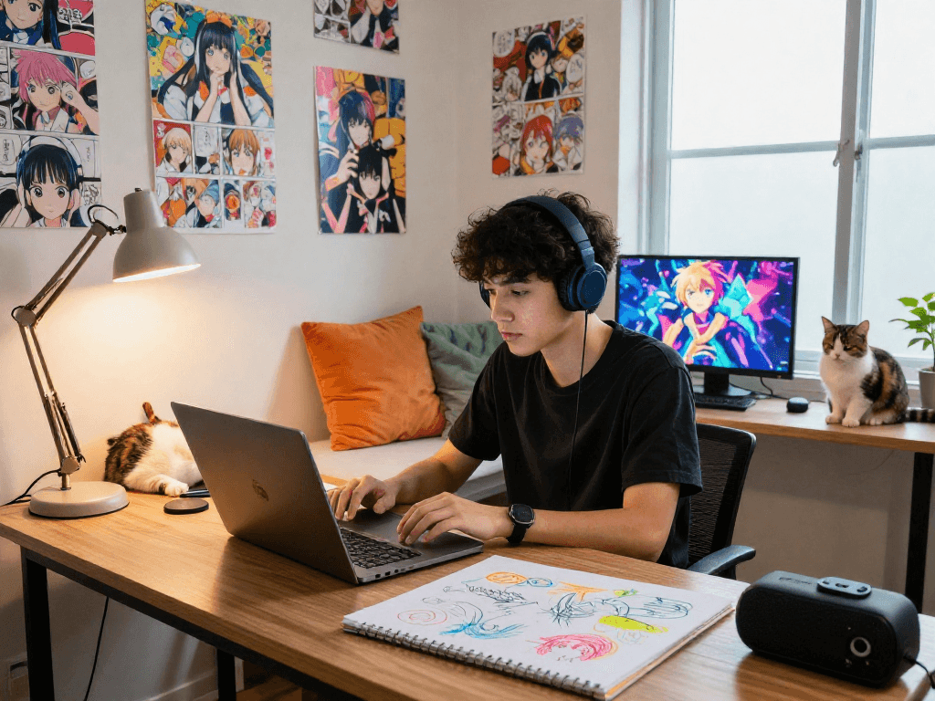 Engaging hentai chat experience in a cozy home office with manga art and a relaxed atmosphere.