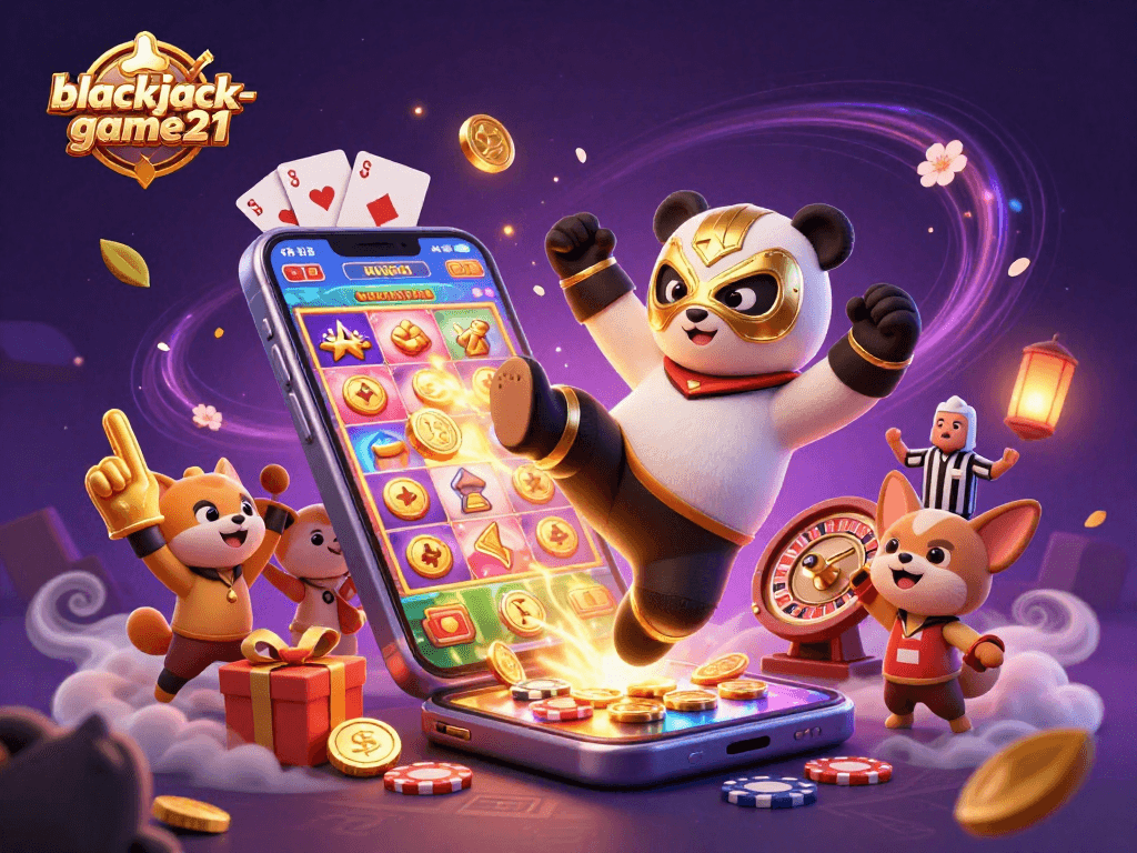 Experience excitement with blackjack-game21 in an action-packed scene of a panda wrestler and cheering fans.