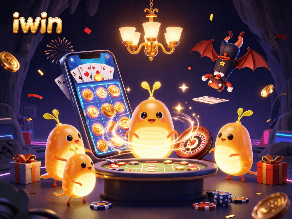 iwin lights up a cave casino with glowworms and a bat dealer in this vibrant 3D illustration.