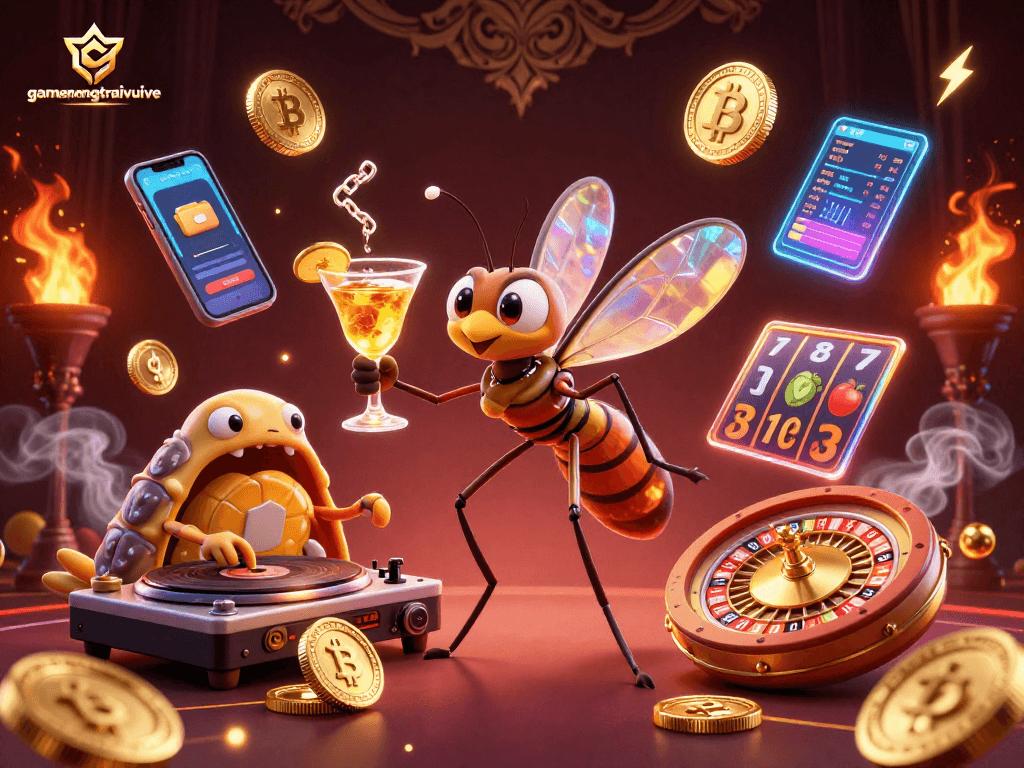 Experience gamenongtraivuive with a cartoon mosquito mascot and trilobite DJ in a vibrant casino scene.