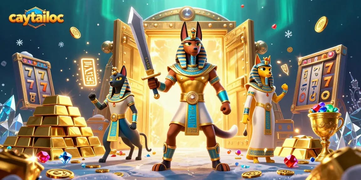 Spin to win big with caytailoc in an immersive slot game scene featuring vibrant characters and gold treasures.