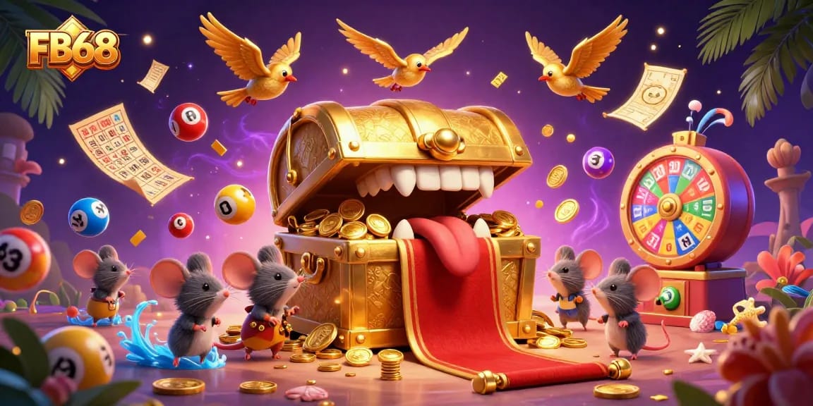 Spin and win jackpots at FB68 with dynamic casino scenes and vibrant lottery elements.