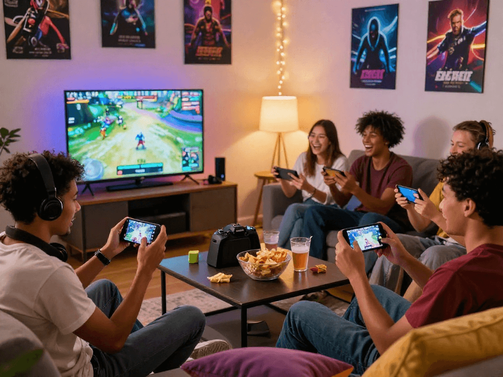 Diverse friends playing a sissy porn game together in a cozy living room, enjoying snacks and drinks.