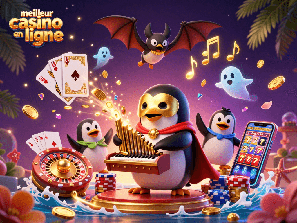 Expérimentez le meilleur casino en ligne avec un pingouin fantôme jouant de l'orgue et des pièces d'or volantes.