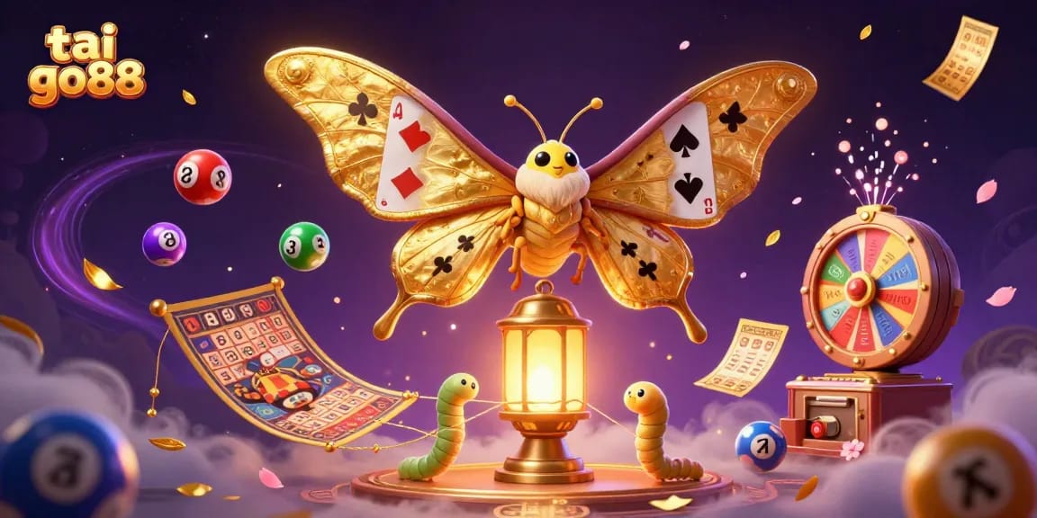 Experience tai go88 with a lively 3D casino scene featuring colorful lottery elements and an enchanting moth.