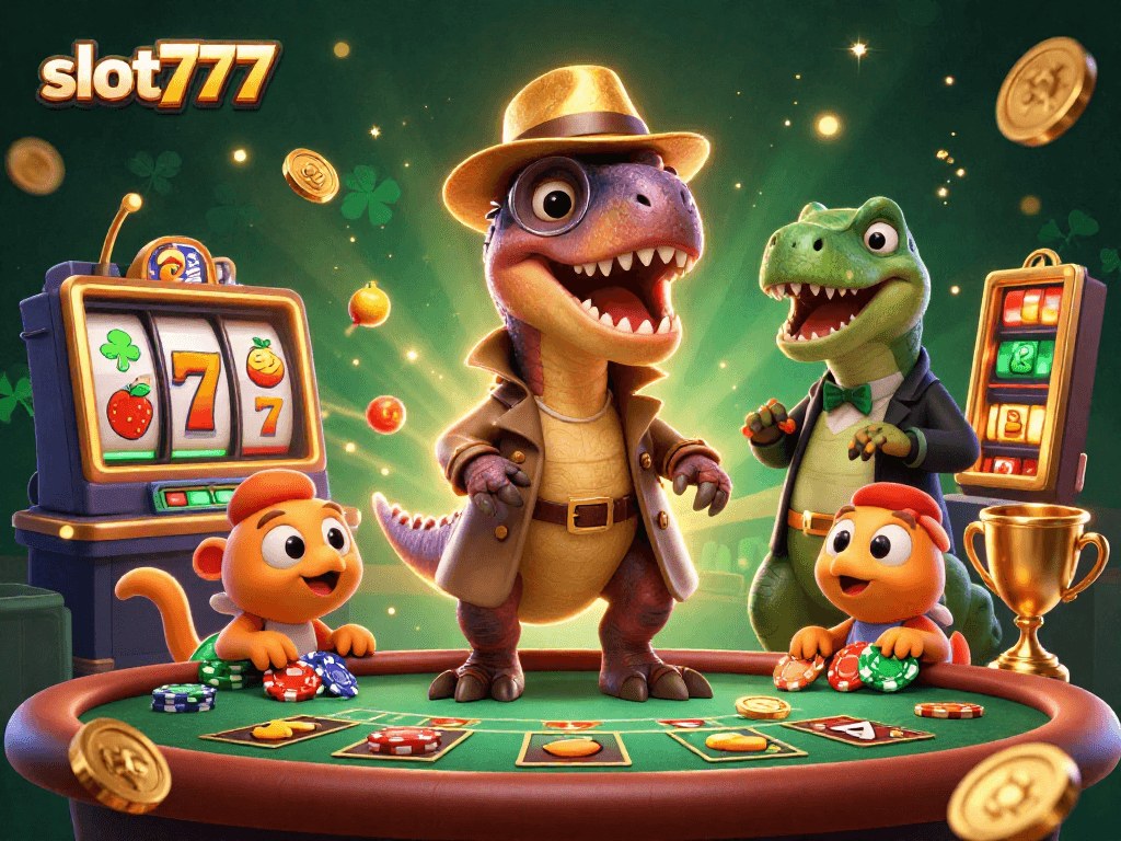 Engage with slot777 games featuring characters at a blackjack table amidst colorful slots and trophies.