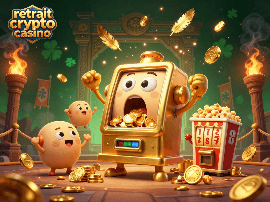 Retrait crypto casino : illustration d'un jackpot de machine à sous avec pièces dorées et personnages animés
