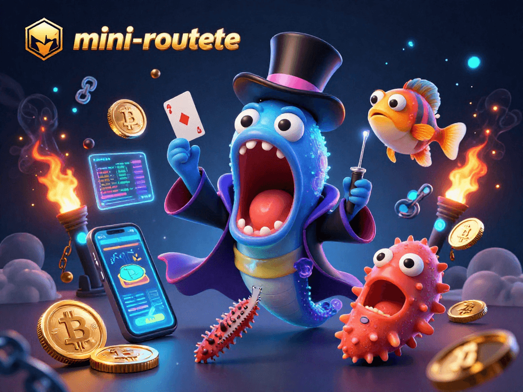Experience the thrill of mini-roulette with illuminated characters and crypto elements in a magical casino scene.