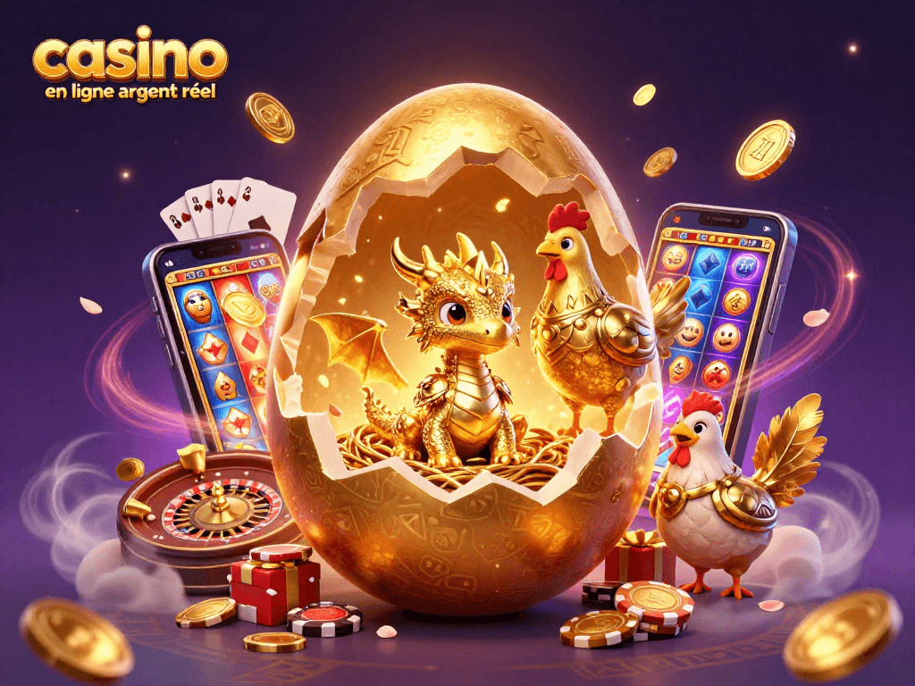 Vivez l'excitation du casino en ligne argent réel avec un bébé dragon en or sur un nid de jetons de poker.