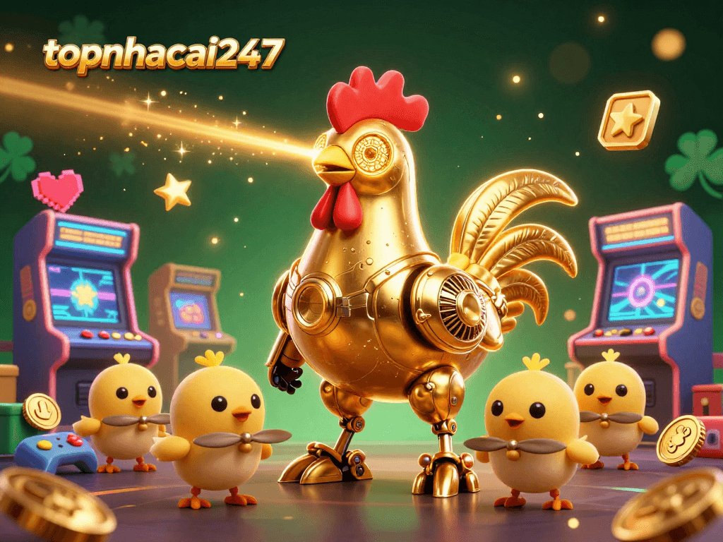 Experience thrilling moments with topnhacai247 in a vibrant casino scene featuring a golden rooster robot and arcade games.