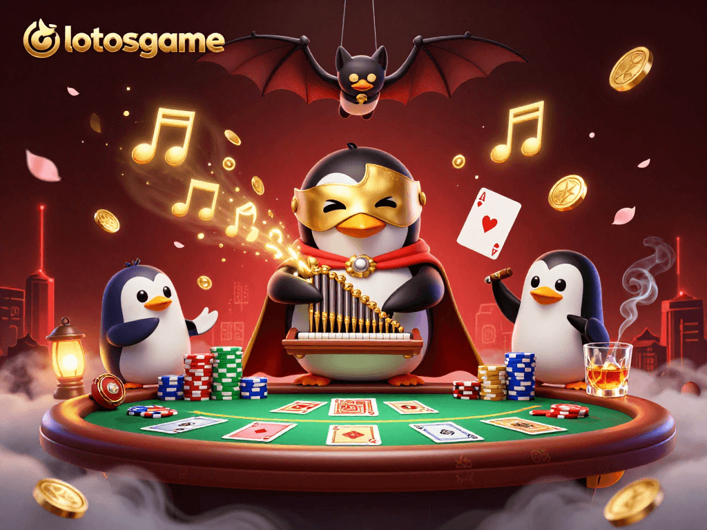 Experience the thrill of gaming with lotosgame, featuring a penguin playing an organ that shoots coins.