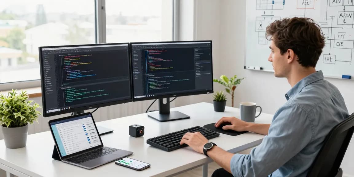 Build internal tools with AI in a modern developer workspace featuring dual monitors, coding, and project management.