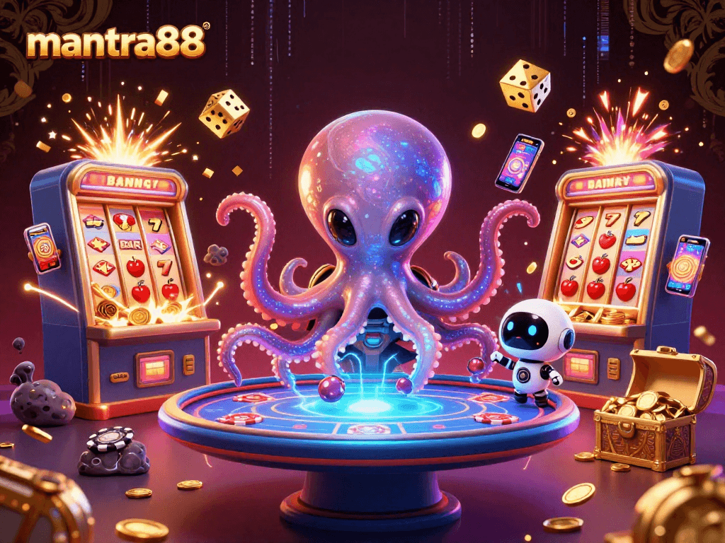 Experience the thrill of mantra88 casino with a cartoon octopus and robot at an energetic poker table.