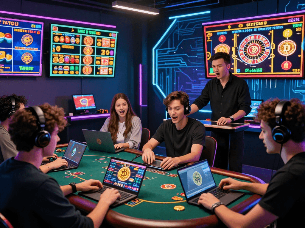 Exciting crypto casino scene with players engaged in vibrant online games