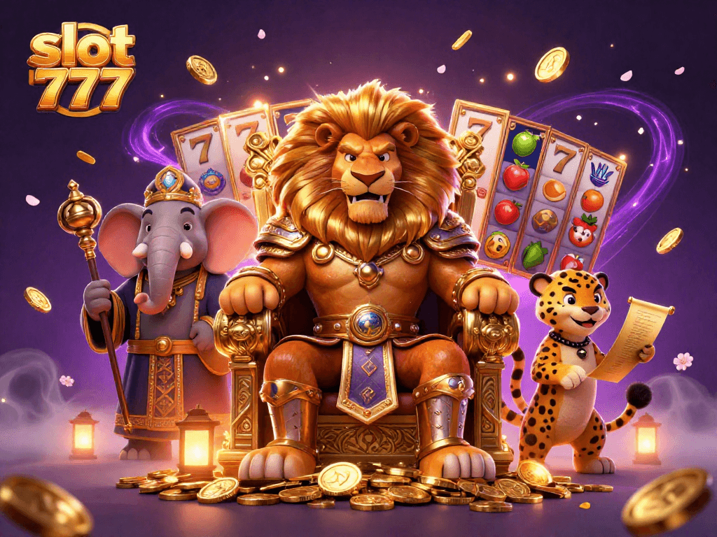 Spin the reels of slot 777 with a lion king, vibrant colors, and dynamic golden coins.
