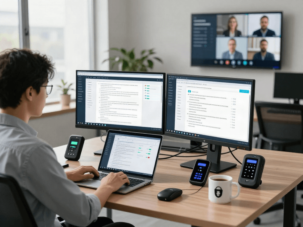 Cybersecurity analyst using document fraud detection software in a modern workspace, emphasizing real-time analytics and technology.
