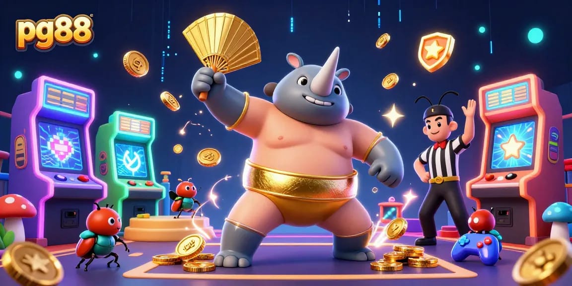 Witness pg88's thrilling gaming experience with a sumo champion beetle amidst flying coins and arcade machines.