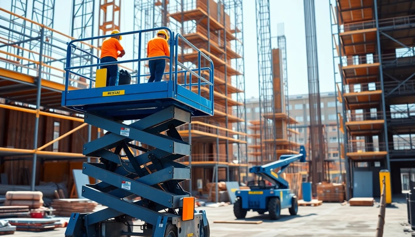 Workers efficiently utilizing a scissor lift on a busy construction site.