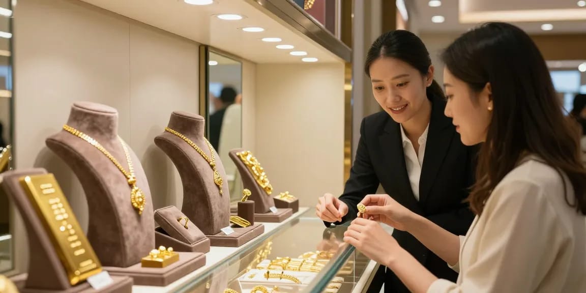 Stunning gold jewelry display at the mantra88 showroom, highlighting 24K gold bars and elegant pieces.