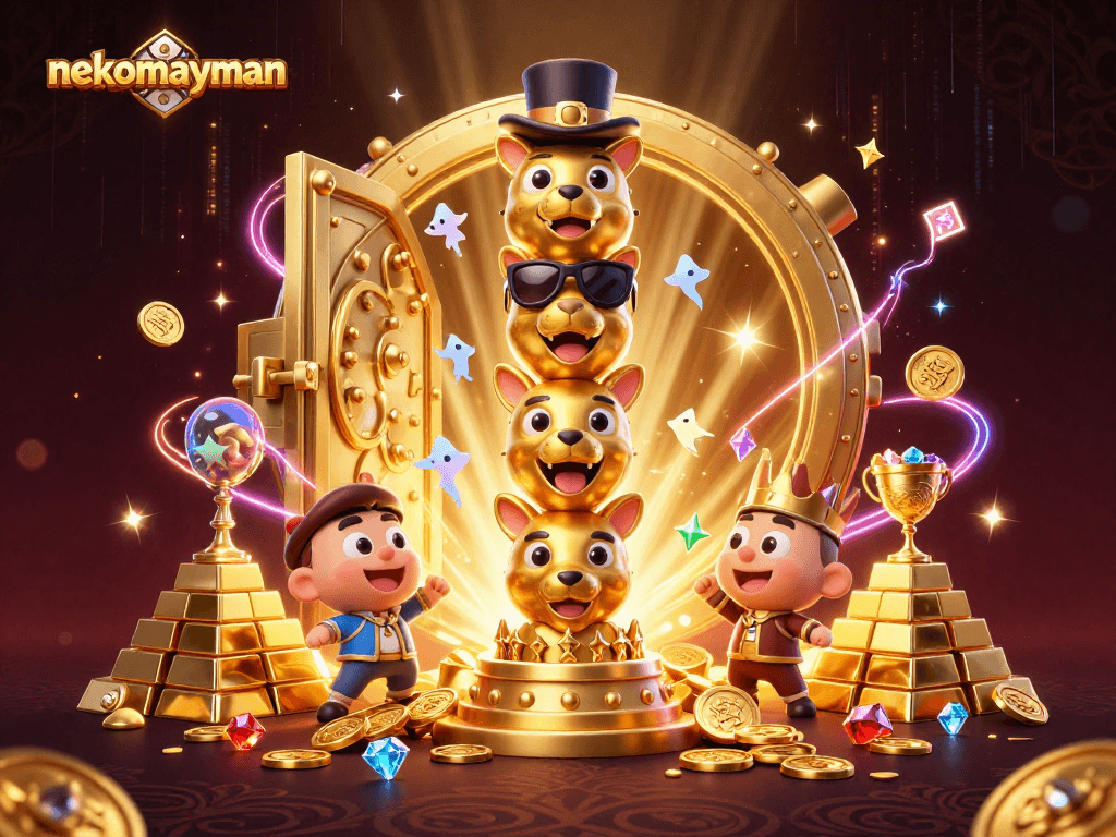Experience jackpots with nekomayman as golden treasures burst forth in a dazzling casino scene.