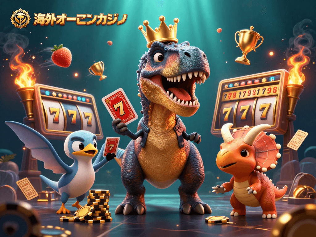 海外オンラインカジノでスロットを楽しむ恐竜のイラスト