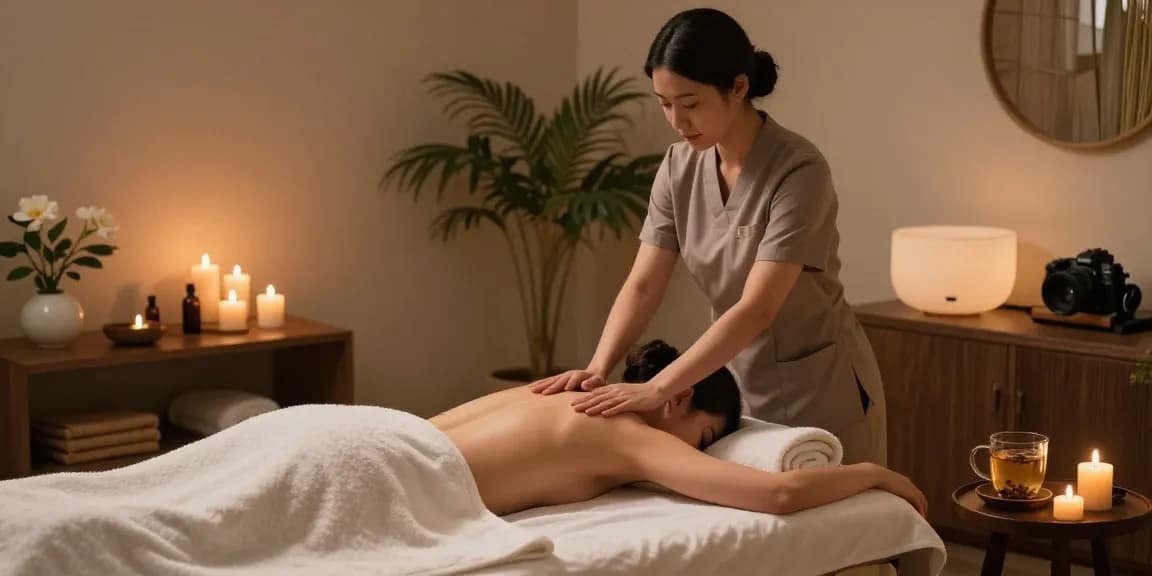 Relaxation space featuring therapist preparing for mantra88 body massage.