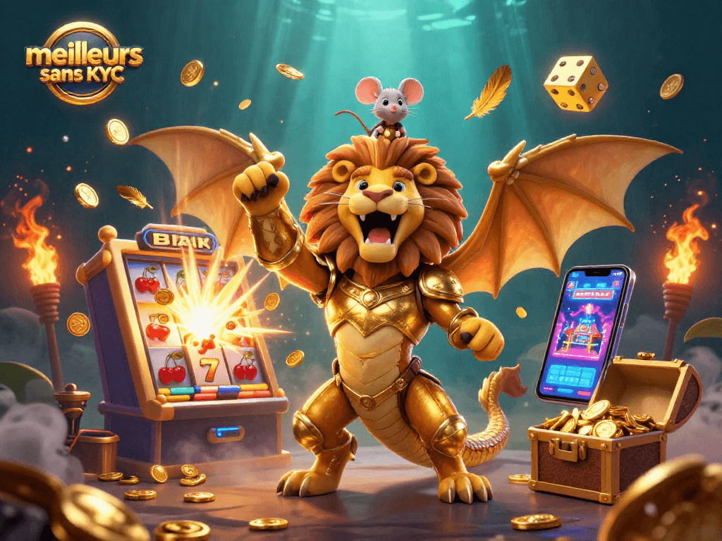 Meilleurs casino sans KYC avec une chimère dorée et un rongeur audacieux, symbole de victoire.