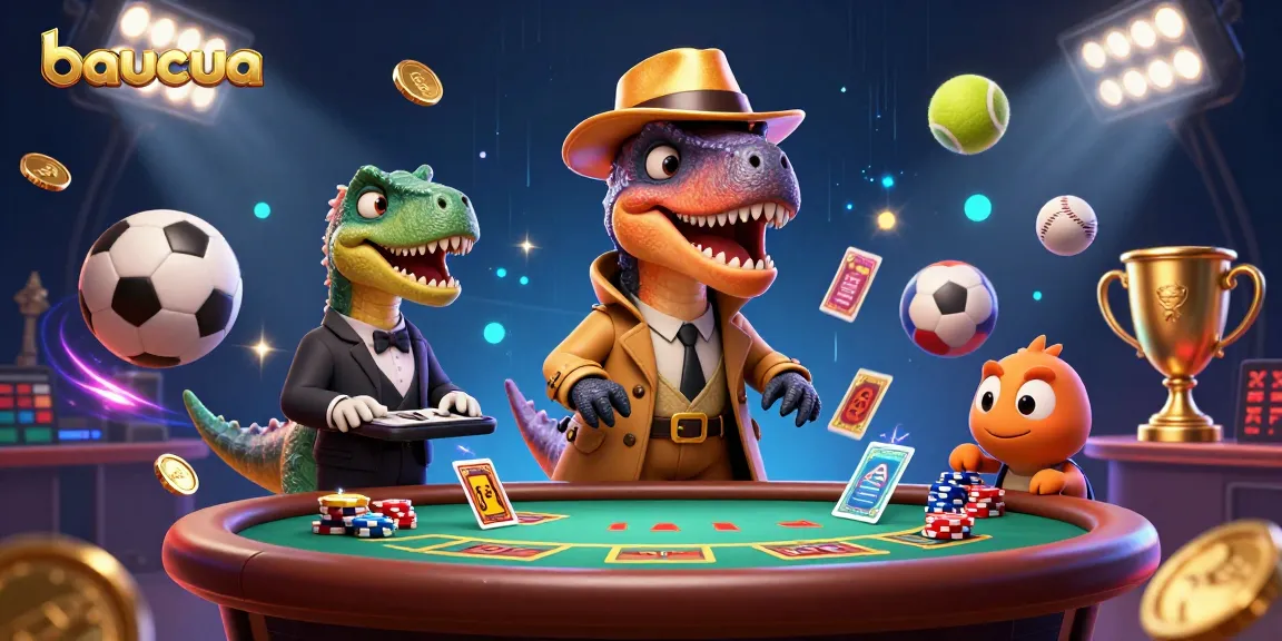 Baucua game illustration featuring a funny velociraptor card counter at a blackjack table amid sports elements and vibrant graphics.