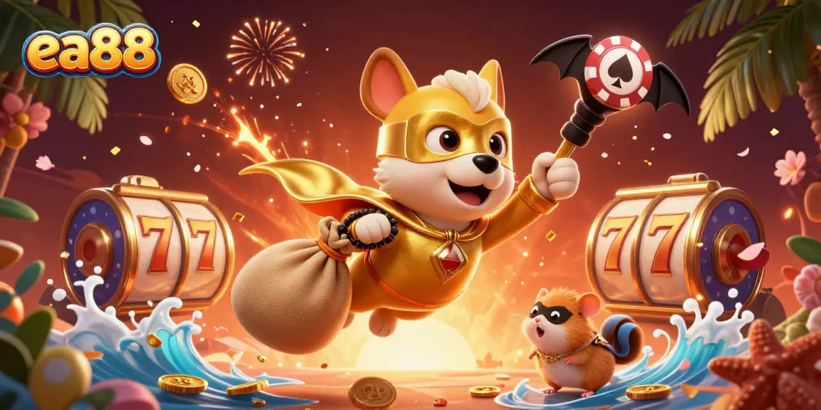 ea88 dog superhero flying with gold coins in a vibrant casino-themed scene full of slot reels.