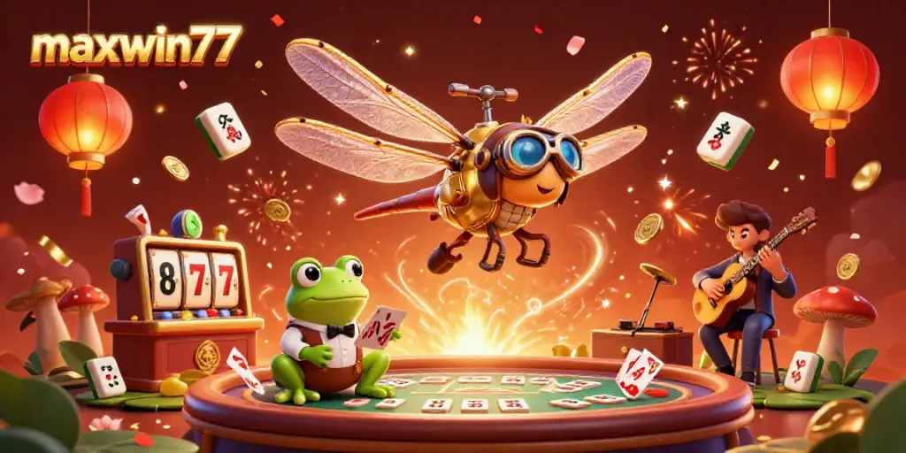 Experience maxwin77 as a vibrant dragonfly casino scene with a frog croupier and jazzy cricket musicians.