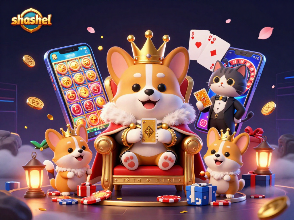 Join shashel in an exciting casino scene with royal corgis and dynamic game elements!