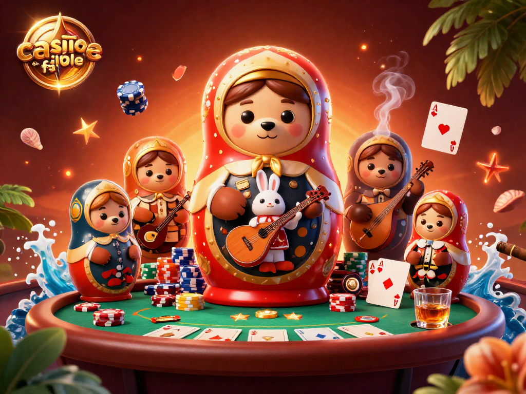 Jouer à casino en ligne fiable avec des ours Matryoshka et des cartes de poker colorées