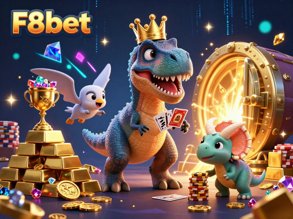 Join the vibrant gaming action at F8bet with a playful T-Rex shuffling cards and stacking chips.