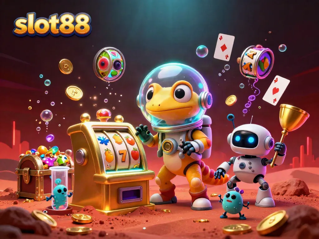 Play slot88 to win big with vibrant symbols and coins in a dynamic casino-themed scene.