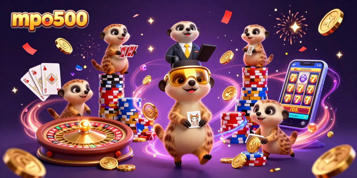 Experience the excitement of mpo500 with meerkats in a vibrant casino scene.