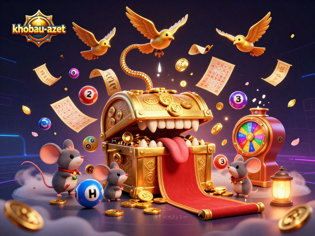Adventurers approach the khobau-aztec treasure chest, discovering vibrant lottery elements and dynamic rewards.