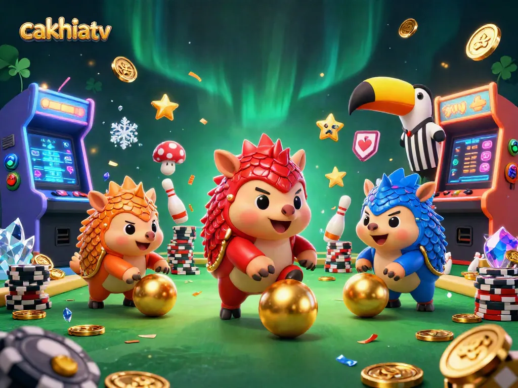 Cakhiatv showcases rival pangolins competing in a vibrant, casino-themed arcade scene.