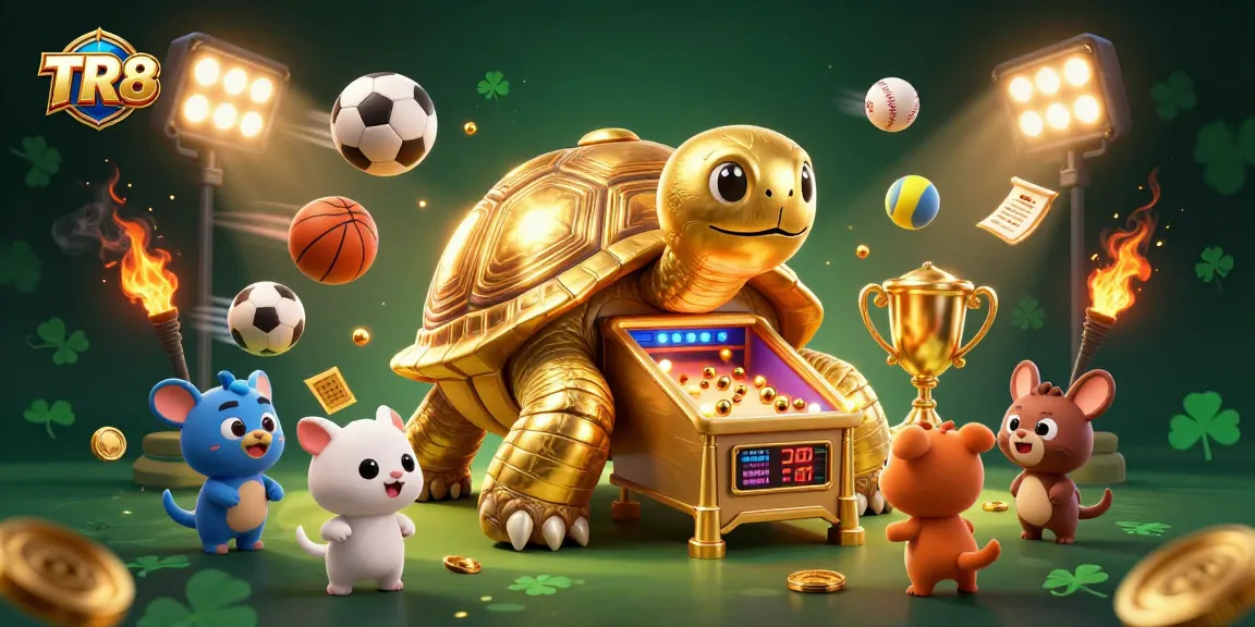 Engage with TR 88 in a vibrant casino scene featuring a golden tortoise and dynamic sports elements.