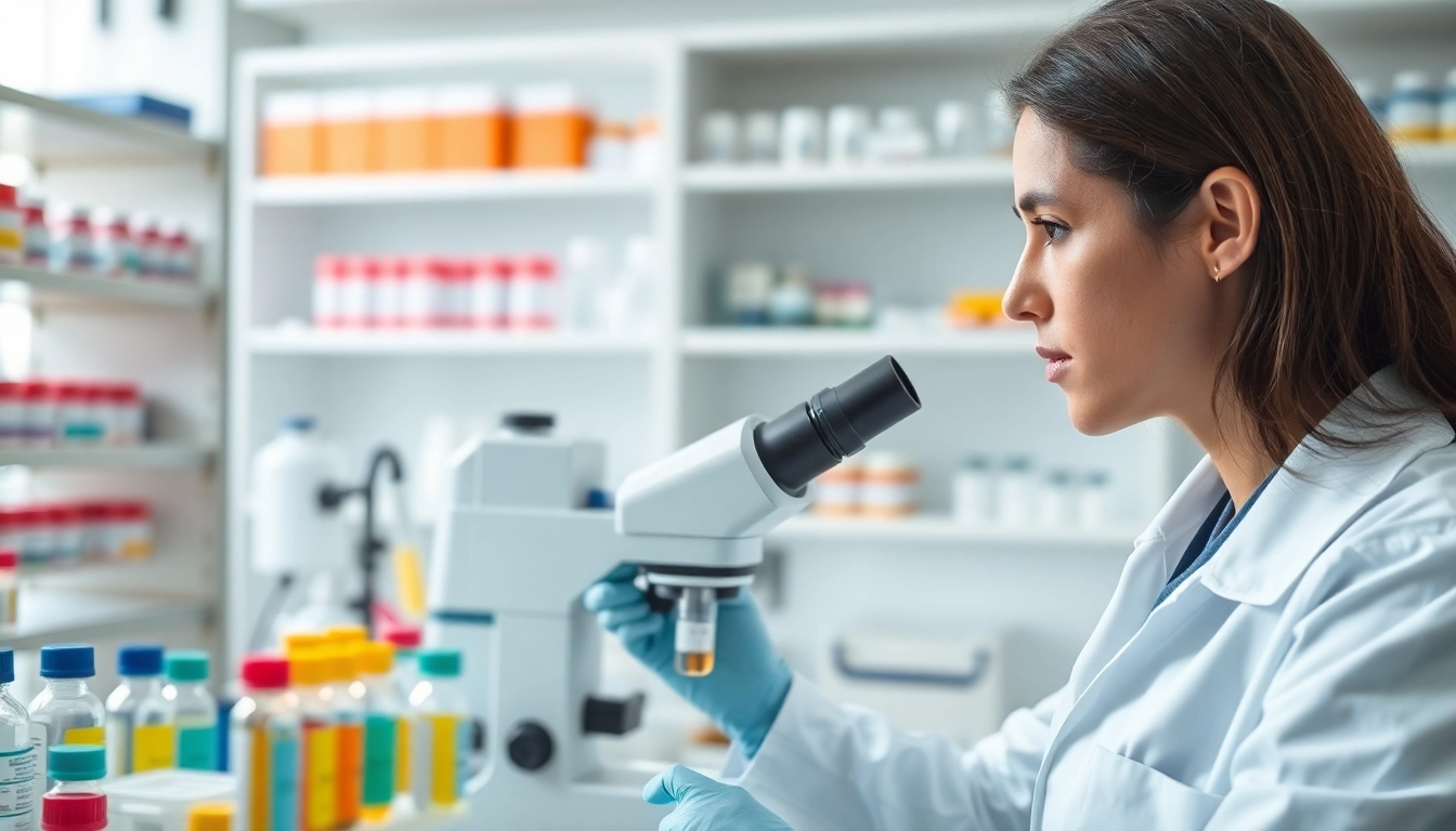 Buy melanotan 1 showcased in a research lab with scientists examining peptides.